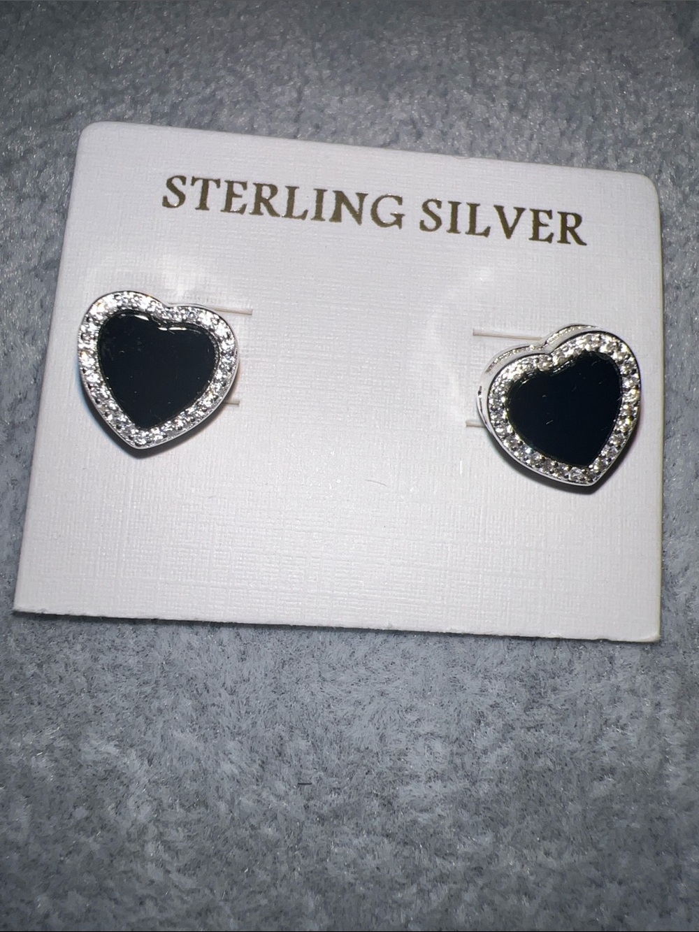 Sterling Silver Black Onyx Heart Stud Earrings with Crystal Halo